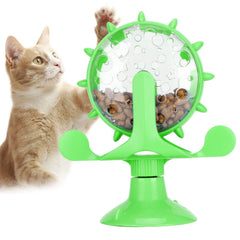Interactive Cat Food Treats Dispenser Toy Pet Slow Feeder Feed Training Toy Cat Windmill Toy Dog Food Dispenser 360° Rotating Windmill Suction Cup Toys for Educational Interactive Training (Green)